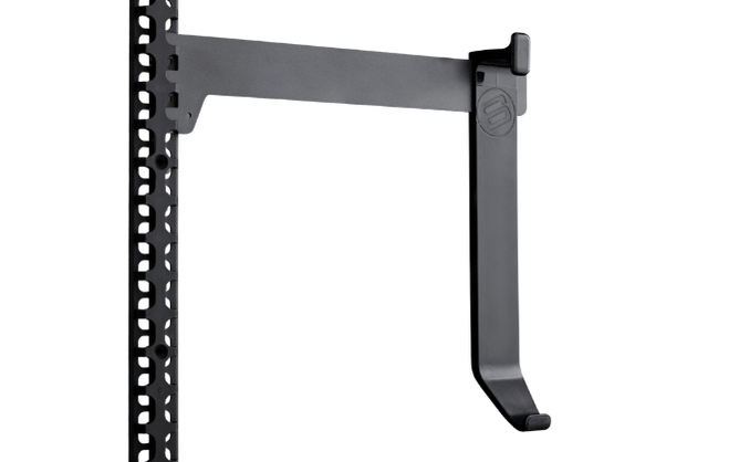 Black metal brackets with a gloss finish black hook attached. 